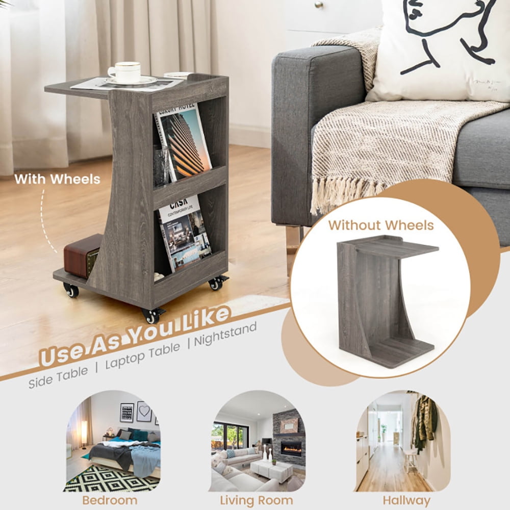 Finihen End Table, C-shaped Rolling End Side with Back Storage Shelves beside Sofa, Sofa Side Table, Bed Side Table, for Living Room, Bedroom, Gray Finihen End Table, C-shaped Rolling End Side with Back Storage Shelves beside Sofa, Sofa Side Table, Bed Side Table, for Living Room, Bedroom, Gray