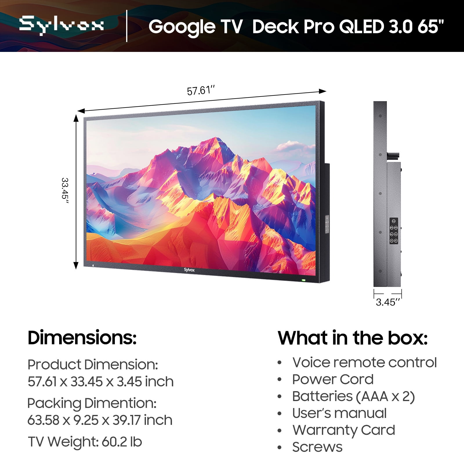 Sylvox Outdoor TV,65'' QLED 4K UHD Television with 1000nits,Google TV with IP55 Weatherproof , Dolby Atmos,Voice Control, Chromecast,(Deck Pro QLED 3.0)