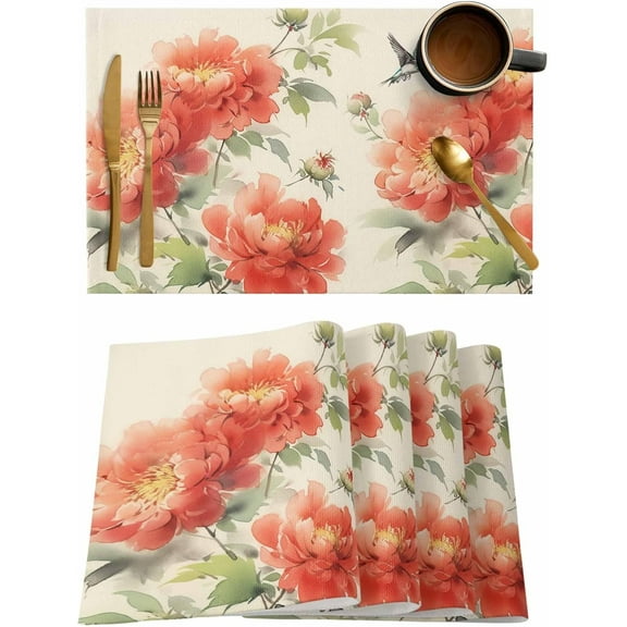 Placemats Set of 6, Cotton Linen Heat Table Mats Non-Slip Washable Vintage Watercolor Red Hibiscus Leaves Bird Placemat for Holiday Banquet Dining Kitchen Table Decor