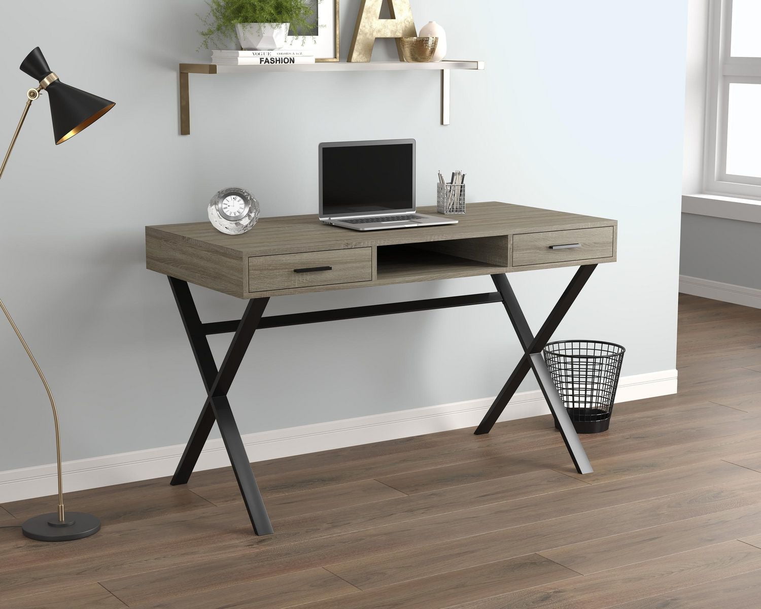Safdie & Co. Bureau D'Ordinateur Taupe Foncé 2 Tiroirs 1 Etagère Noir Métal