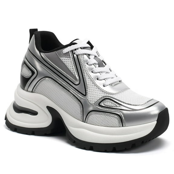 CMR CHAMARIPA Chunky Sneakers For Women - Silver Leather Elevator Shoes 10CM / 3.94 Inches