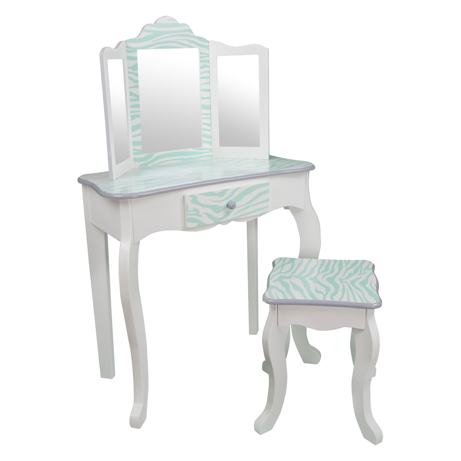 Teamson Kids Fashion Prints Vanity Table And Stool Set With Mirror Teamson Kids Fashion Prints Vanity Table And Stool Set With Mirror Zebra Aqua Blue White
