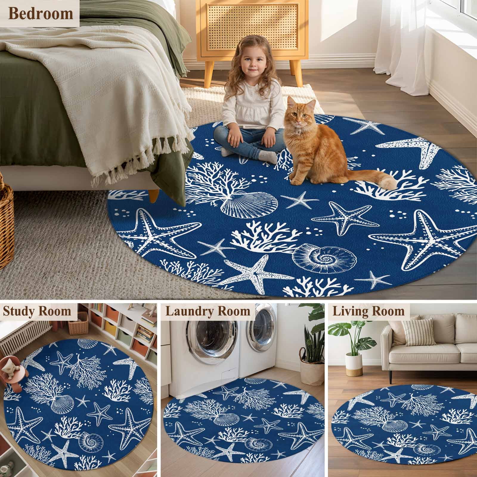 Navy Blue Coastal Round Area Rug 5Ft Washable Circle Rugs for Living Room Bedroom, Nautical Beach Starfish Coral Summer Non-Slip Carpet Floor Mats Indoor Outdoor Carpet Runner Aesthetic Home Decor