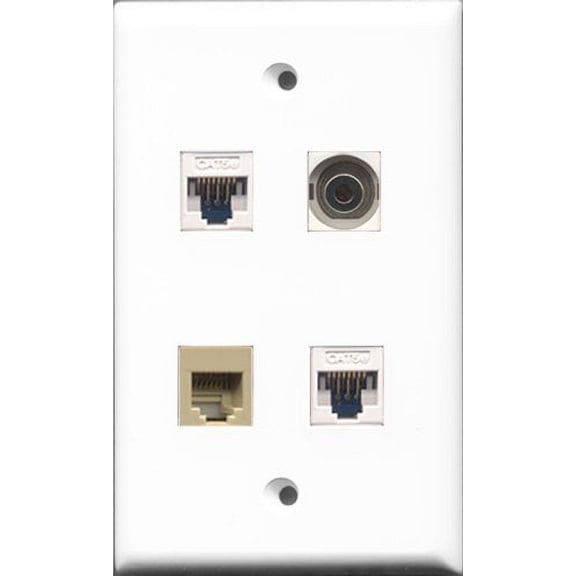 RiteAV - 1 Port Phone RJ11 RJ12 Beige and 1 Port 3.5mm 2 Port Cat5e Ethernet White Wall Plate