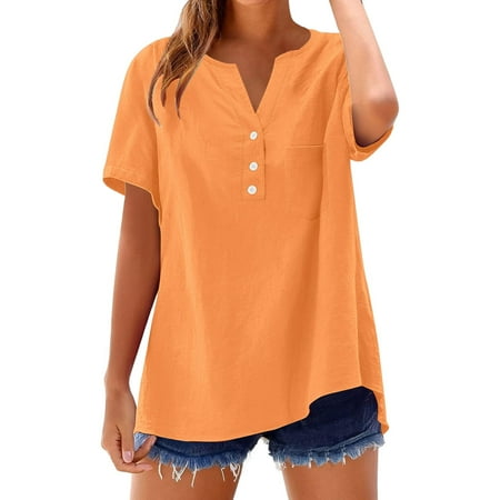 Womens Shirts Dressy Casual! Comdrip Cotton Linen Shirts for Women Summer Button Down Tops Short Sleeve Casual Blouses Oversized Tshirts 2025 Henley Shirts for Women orange 5XL