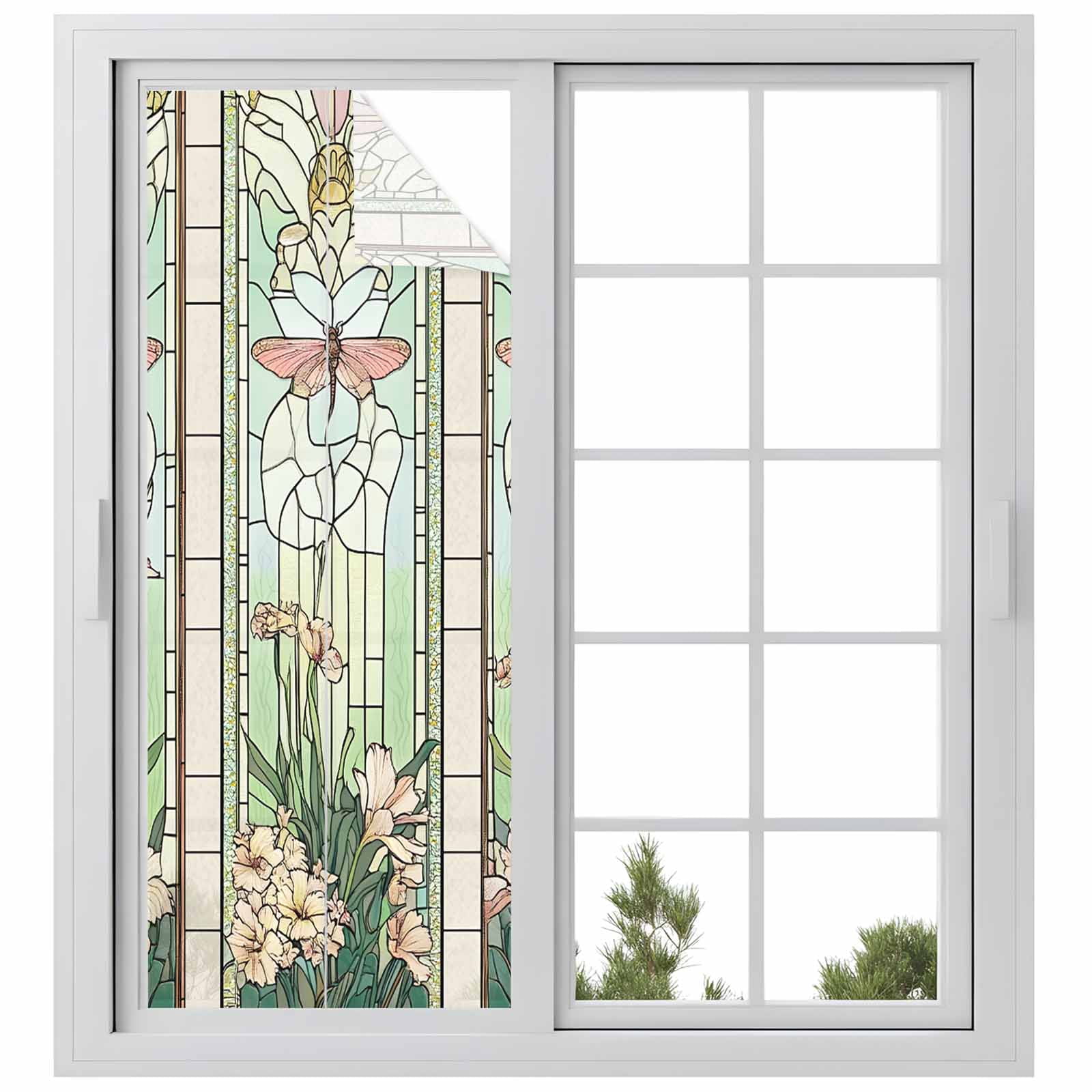 Butterfly Flowers Window Privacy Film, Vintage Stained Glass Green Spring Static Cling UV Sun Blocking Tint Film Heat Control Windows Films for Bedroom Bathroom, Window Stickers 23.6"x59"