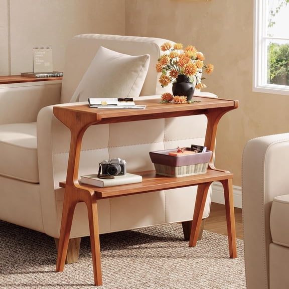 Tribesigns 2-Tier End Table, Solid Wood Side Table with Storage Shelf, Farmhouse Slim Sofa End Table for Living Room, Bedroom (1PC, Walnut)