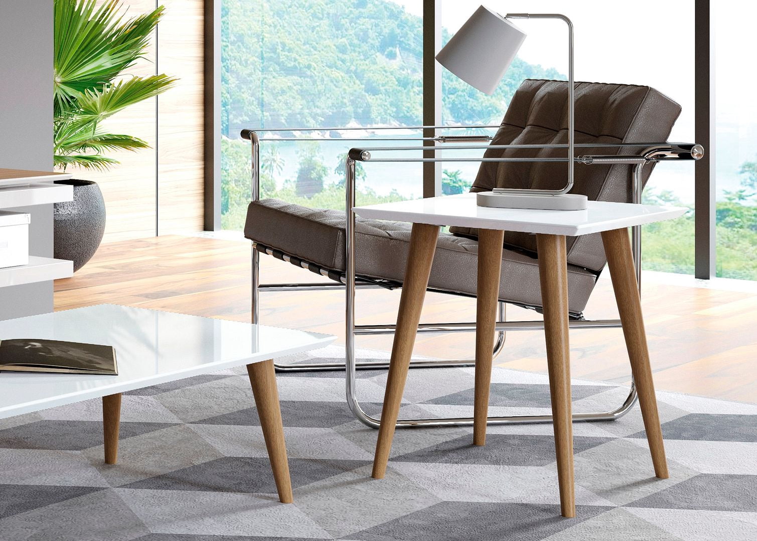 Manhattan Comfort Utopia 19.84" High Square End Table With Splayed Wooden Legs in Off White and Maple Cream