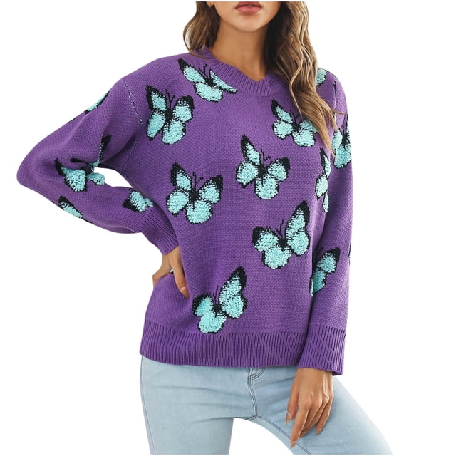Mrat Pull Léger pour Femmes à Manches Longues Col Rond Boutonné Pull Décontracté S-57 Violet S