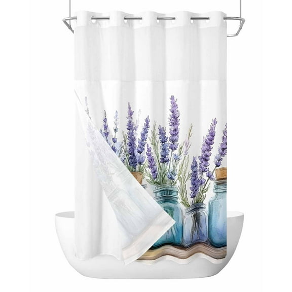 No Hook Shower Curtains with Snap in Liner, Purple Flowers Waterproof Fabric Shower Curtain, Modern Spring Floral Bottle Simple Double Layers & See-Through Top Window Bathroom Curtains 54''x78''