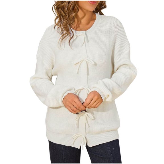 Abomasnow Women's Tie Front Cardigan Sweaters Bow Puff Long Sleeve Knit Cardigans Coats Fall Fashion Clothes