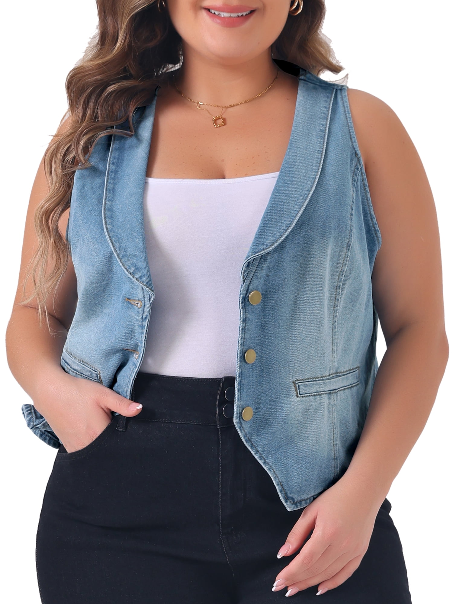 DARING DIVA Women's Plus Size Button Down Waistcoat Denim Vest 2X Light Blue