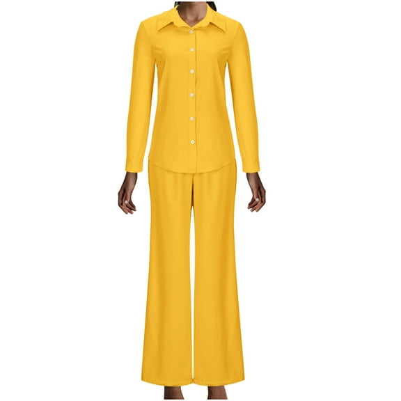 biudgviw Shirts Sets for Women Fall Lounge Long Sleeve Lapel Neck Buttons down Blouses Wide Leg Pants Long Pants Outfits