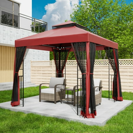 EAGLE PEAK 8' x 8' Outdoor Patio Gazebo, Steel Metal Gazebo With Soft Top Double Roof Canopy with Netting, Red