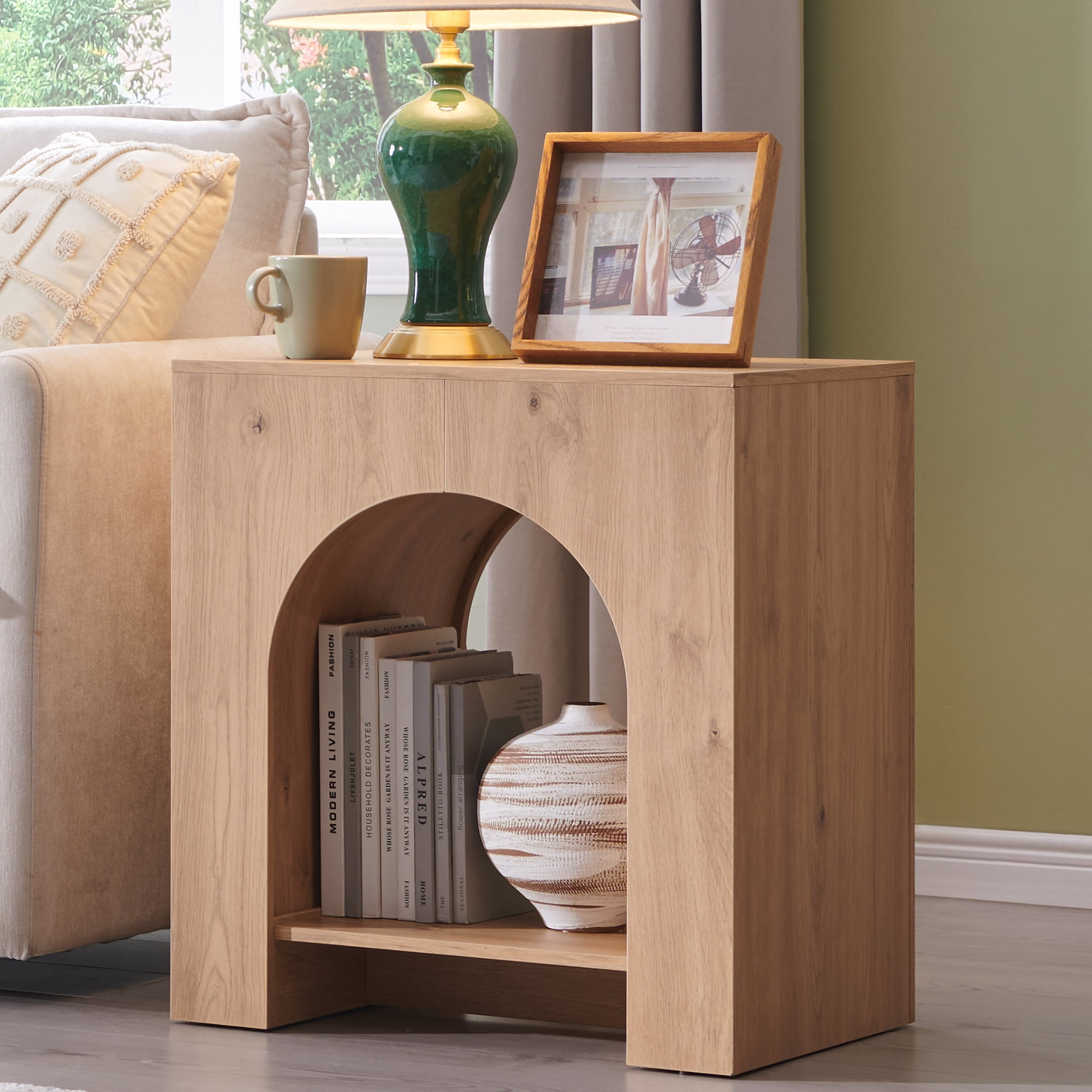 SinCiDo Modern Arched Nightstands Set of 2 with Charging Station, Bedside Table with Open Shelf Storage for Bedroom, Living Room