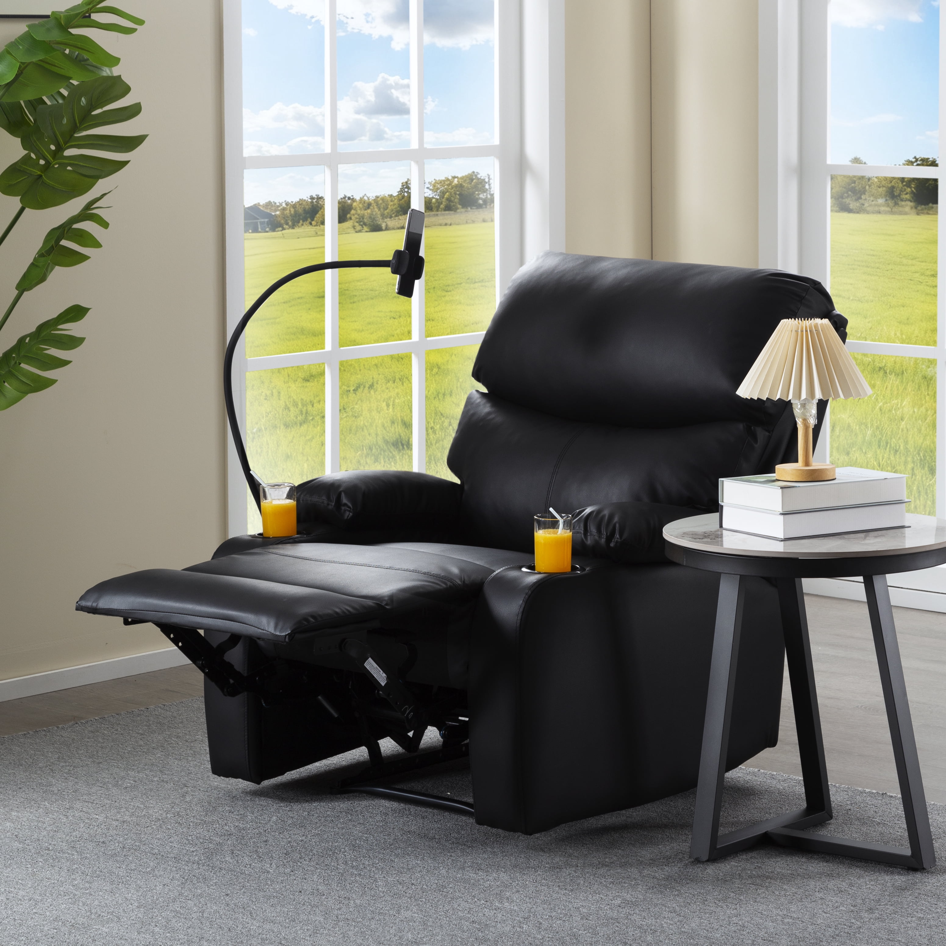 Gewnee Manual Reclining Chair,PU Leather Modern Overstuffed Recliner with Cup Holders & Phone Holder,Single Sofa for Living Room and Bedroom.