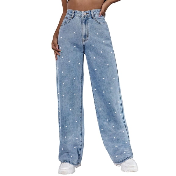 Women High Waisted Jeans Boyfriend Baggy Wide Straight Leg Casual Denim Pants Trousers Light Blue M