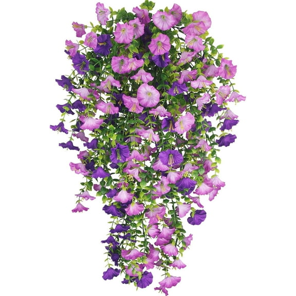 3 Pcs Artificial Hanging Flowers for Outdoors Morning Glory Artificial Flowers Spring Summer Decoration UV Resistant Purple Faux Flowers for Outdoor Planters Front Door Porch Patio Yard Decor