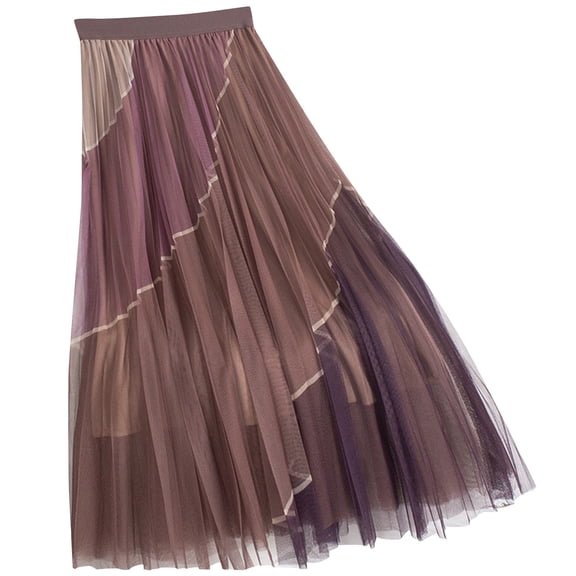 Alkepwun Skirts for Women Patchwork Pleated Mesh Elastic Waist A-Line Large Hem Mid-Length Skirt Lightweight Comfort Breathable Princess