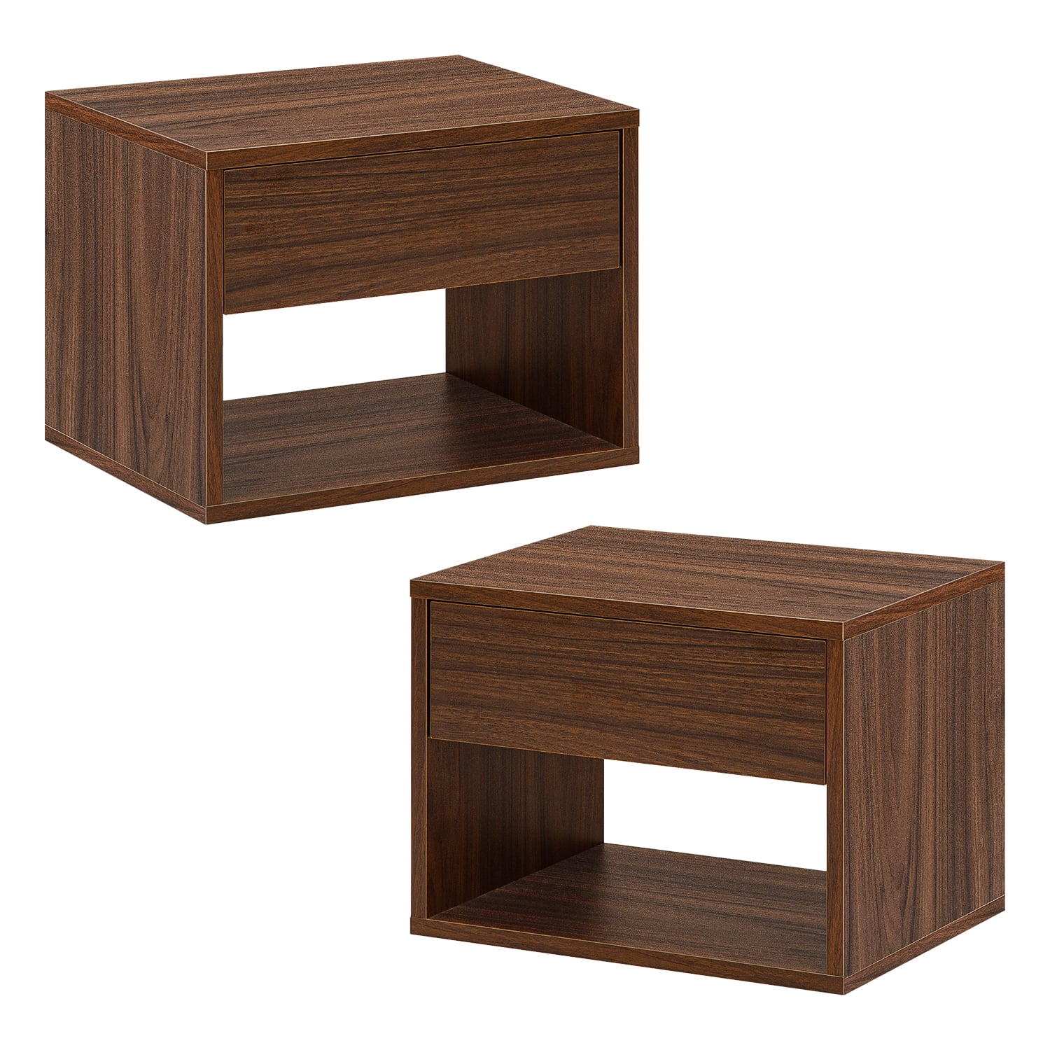 Yardi Yard Modern Set of 2 Night Stand for Bedrooms, Wood Floating Wall Bed Side Table with Open Shelf and Drawer, Walnut Brown Yardi Yard Modern Set of 2 Night Stand for Bedrooms, Wood Floating Wall Bed Side Table with Open Shelf and Drawer, Walnut Brown
