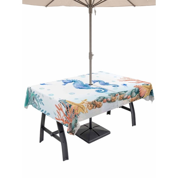 Outdoor Tablecloths with Umbrella Hole & Zipper, Seahorse Coastal Tablecloth Rectangle 60x84 Inch, Summer Nautical Starfish Coral Ocean Waterproof Table Cloth, Patio/Pool/Picnic Table Covers
