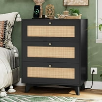 Rattan Nightstand with Charging Station & 3 Drawers, Boho Bedside Table for Bedroom