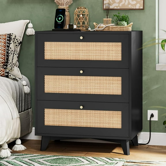 Rattan Nightstand with Charging Station & 3 Drawers, Boho Bedside Table for Bedroom