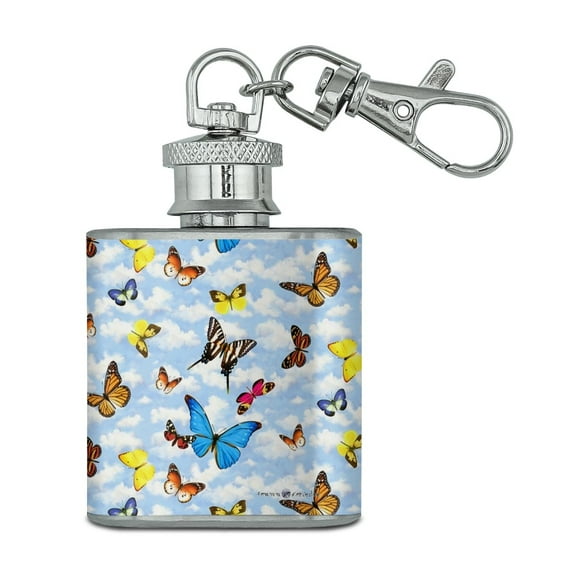 Butterflies in the Blue Sky Pattern Stainless Steel 1oz Mini Flask Key Chain