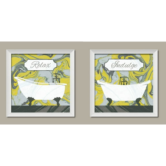 Lovely Grey and Yellow Marbled Clawfoot Bathtub "Relax" and "Indulge" Set by Wild Apple Portfolio; Bathroom Decor; Two 12x12in White Framed Prints