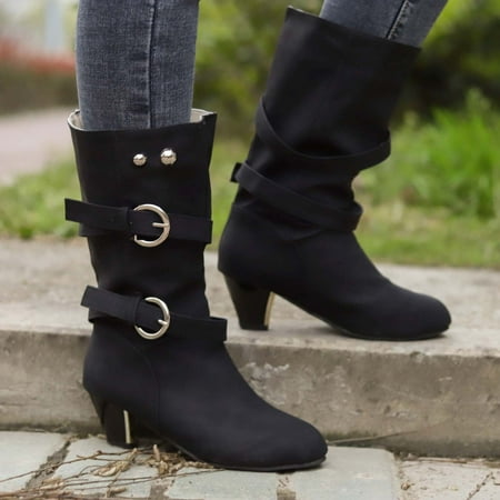 

Shldybc Autumn Winter Thick Heel Mid-tube Boots With Belt Buckle Warm Women s Shoes Women s Middle Mid Calf Boots Womens Boots on Clearance
