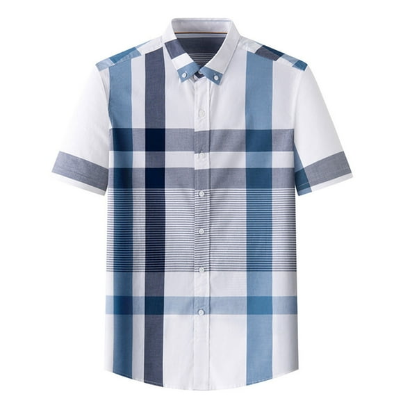 Ketyyh-chn99 Men's Casual Shirts Fashion Mens Check Pocket Buckle Lapel Short Sleeve Shirt Blue,L
