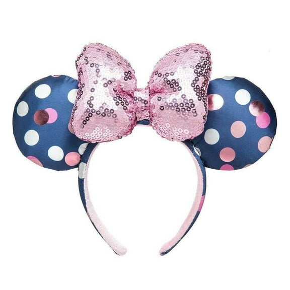 Disney Parks Minnie Mouse Navy Blue Polka Dot Ears Pink Sequin Bow Headband