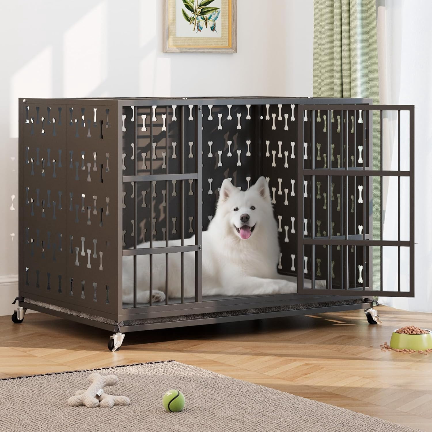 Waleaf 48 inch Heavy Duty Indestructible Dog Crate, Escape Proof Dog Cage with Enclosed Design, High Anxiety Dog Crate for Large Dogs, Lockable Wheels and Removable Trays, Large