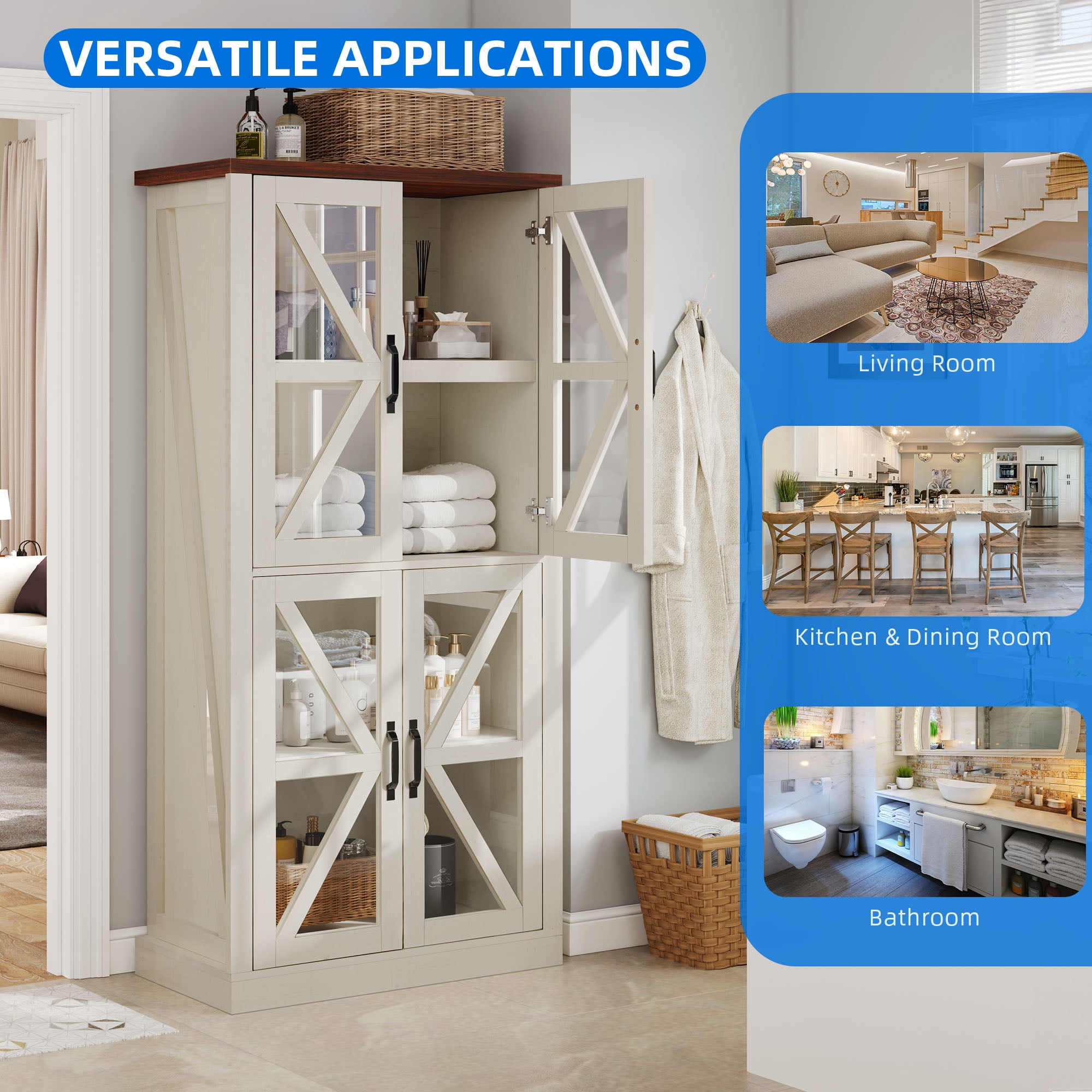 DEXTRUS 66" Freestanding Kitchen Pantry Cabinet with 4 Shelves and Doors, Storage Cabinet for Kitchen Dining Room Living Room, White