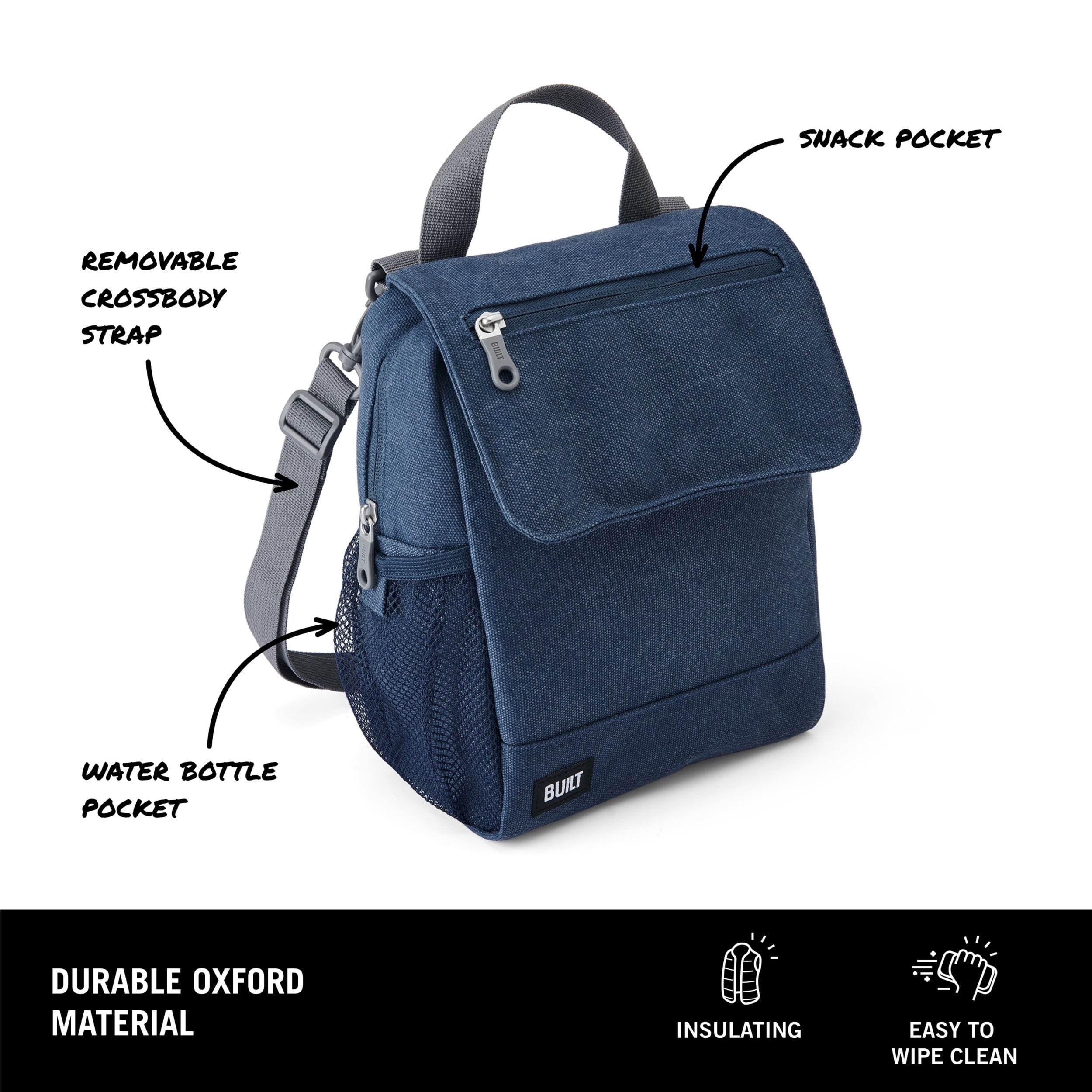 BUILT Oxford 4.84 qt Insulated Adult Reusable Lunch Sack with Crossbody Strap Navy