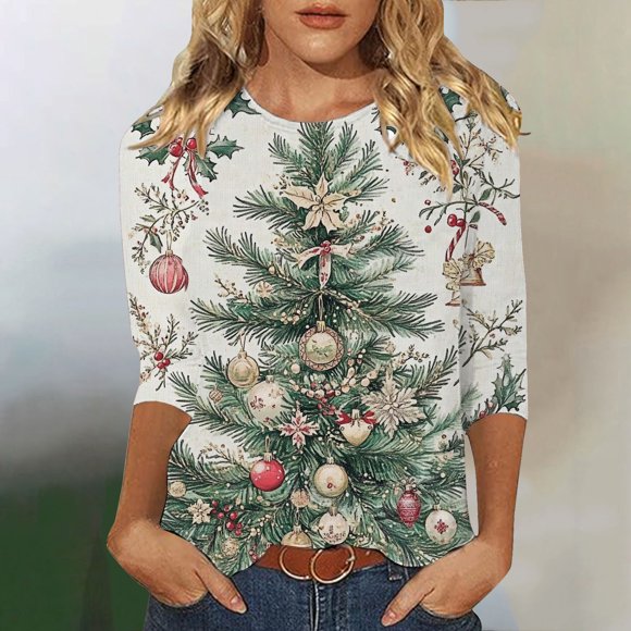 Horkkom Christmas Shirts for Women 3/4 Sleeve Christmas Tree Print Round Neck Loose Top T-shirt M