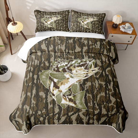 Feelyou Largemouth Bass Fish Twin Quilt Set for Men, Farmhouse Wooden Camo Twin Coverlet Set, Brown Green, 2-Piece