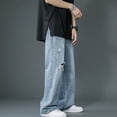 thumbnail image 2 of Mens Jeans Trend Handsome Loose Dragging Hole Floor Length Straight Wide Leg Denim Trousers Comfortable Casual Mens Pants Dark Blue M, 2 of 6