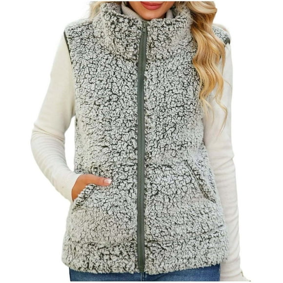 Dagegui Women's Sherpa Full-Zip Vest Sleeveless Stand Collar Jacket Lightweight Soft Comfy Casual Outerwear with Pockets Army Green M
