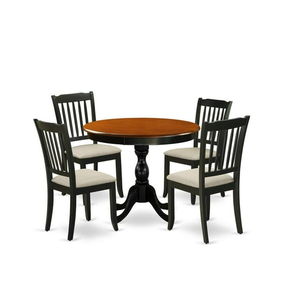 East West Furniture 5-Piece Modern Dining Set Includes a Round Wood Table and 4 Linen Fabric Dining Room Chairs with Slatted Back - Black Finish