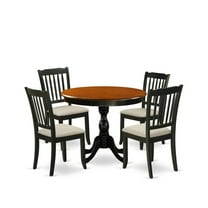 East West Furniture 5-Piece Modern Dining Set Includes a Round Wood Table and 4 Linen Fabric Dining Room Chairs with Slatted Back - Black Finish