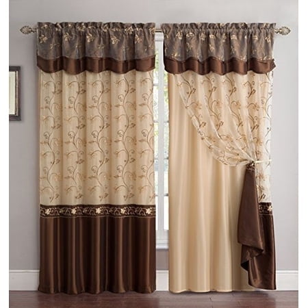 Fancy Ensemble de Rideaux Brodés Collection 2 Panneaux avec Endos et Cantonnière Café/brun