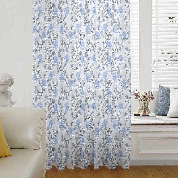 Blue Spring Floral Sheer Curtains 63 Inches Long for Living Room/Bedroom, Flowers Leaves Pastoral Botanical Rod Pocket Voile Kitchen Curtains & Drapes Window Treatment 1 Panel, 52"W x 63"L