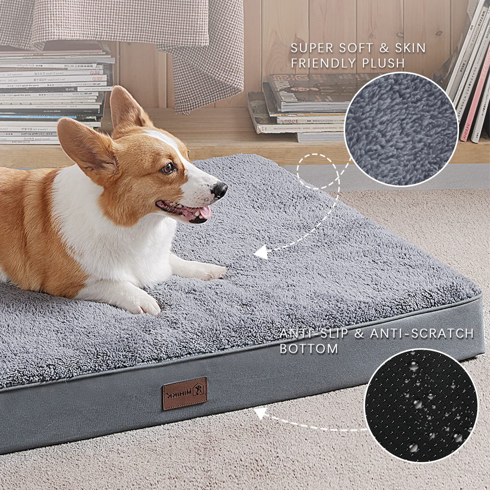 Waterproof Dog Bed Orthopedic Crate Pad with Removable Washable Cover Egg-crate Foam Anti-slip Bottom 23x17 Inch Grey