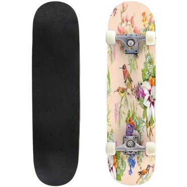 Watercolor Wild exotic birds on flowers seamless pattern on pink Outdoor Skateboard Longboards 31"x8" Pro Complete Skate Board Cruiser