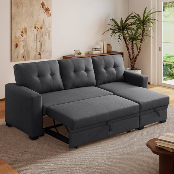 Aukfa Premium Pull-Out Sleeper Sofa Bed with Storage Chaise, Contemporary 3-Seater Couch for Living Room, Dark Gray