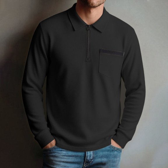 sdhkgrrt Men's Collared Long Sleeve Zipper Pullover Fall Winter Casual Basic Tops Fashion Trendy Work Business Outfits Clothes, Black M