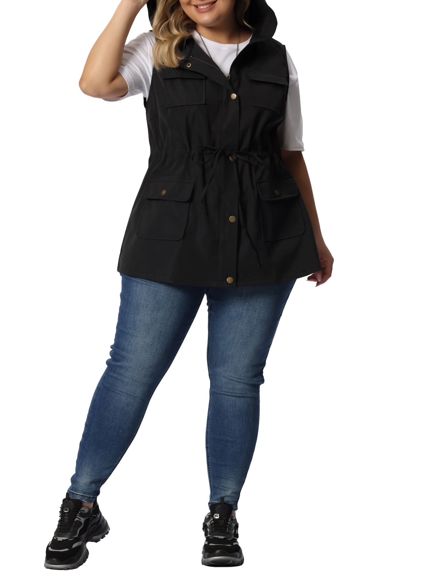 Unique Bargains Women's Plus Size Vest Sleeveless Anorak Cargo Drawstring Jacket