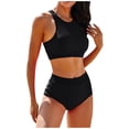 thumbnail image 2 of Women's Two Piece Swimsuit Set Solid Color Print Tank Top High Waist Bikini Bottom for Beach Pool Vacation,Black,S, 2 of 8