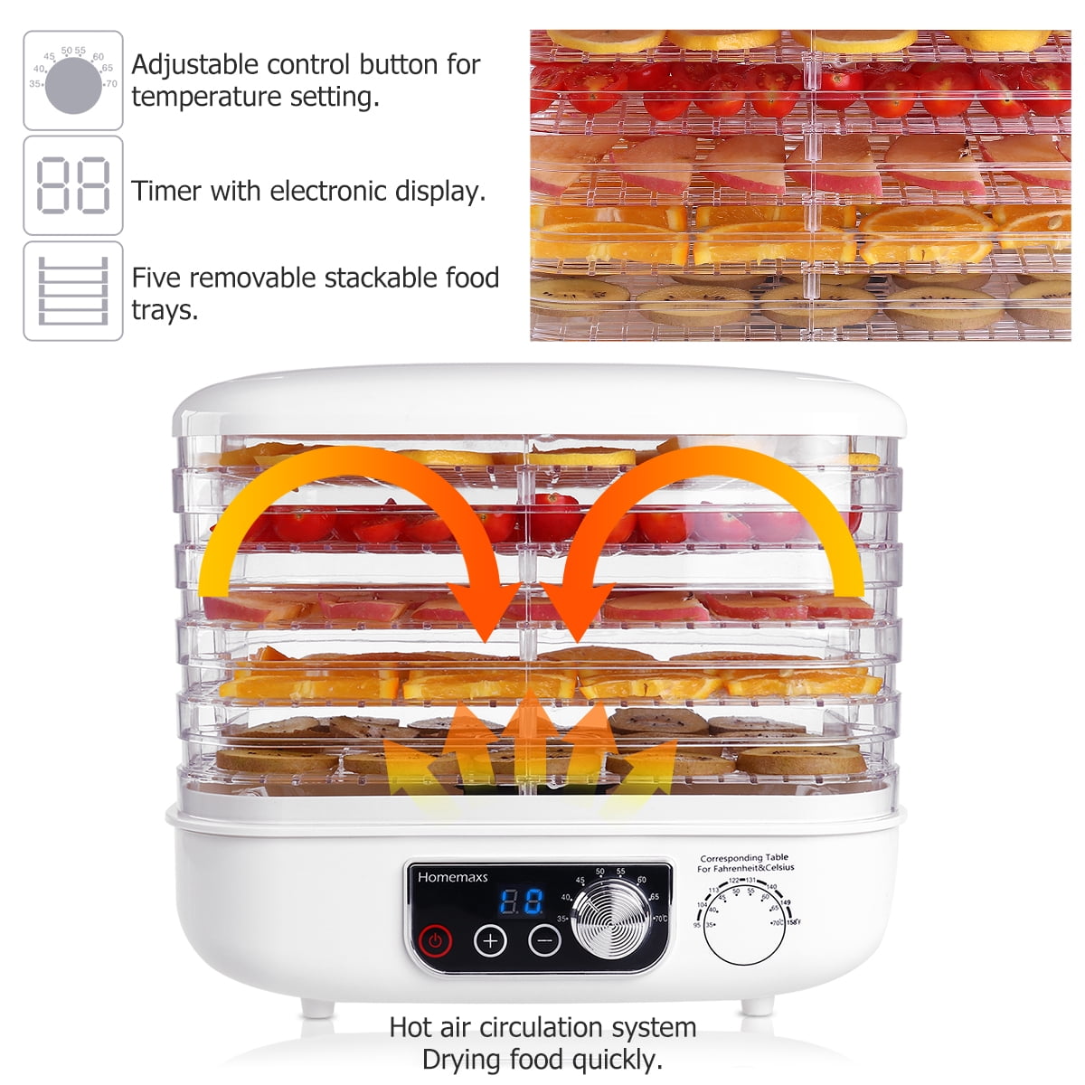 HOMEMAXS Food Dehydrator Machine Fruit Vegetable Dehydrater Five
